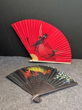 Two Hand Fans Bamboo, Silk And Paper.